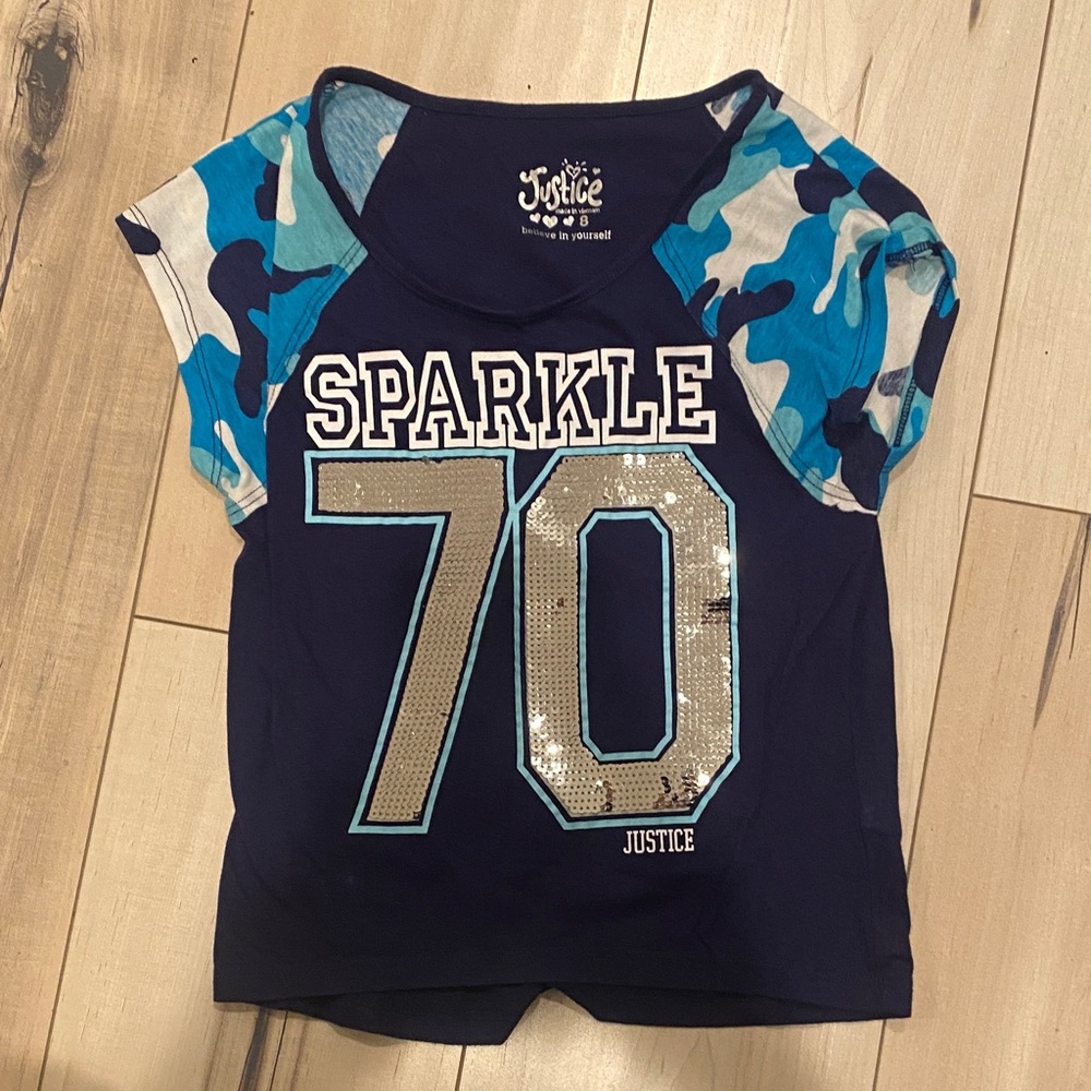 Justice Navy Blue Sparkle 70 Tee with Blue Camo Sleeves NWOT